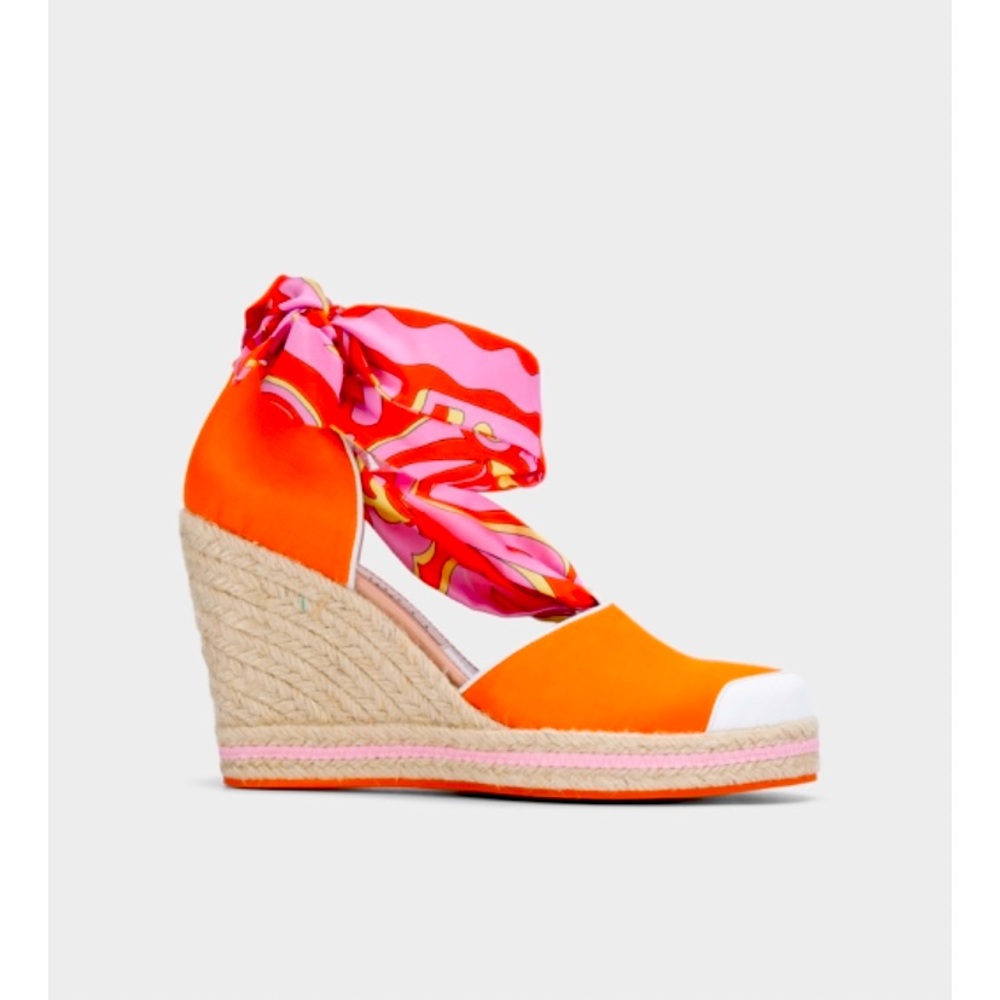 EMILIO PUCCI LONDON TIKI PRINT TWILL ESPADRILLES W/REMOVABLE SCARF IN CORAL - Picture 2 of 14